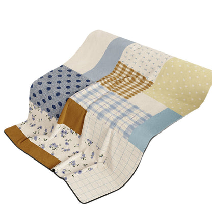 Reversible Patchwork Plush Throw Blanket with Mixed Plaid Stripes and Floral Panels