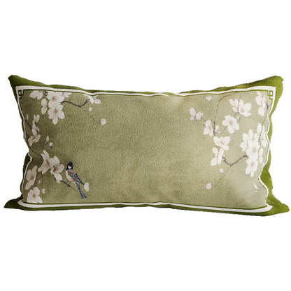 Decorative Rectangular Linen-Blend Lumbar Pillow Cover with Oriental Bird and Blossom Print and Contrast Velvet Border
