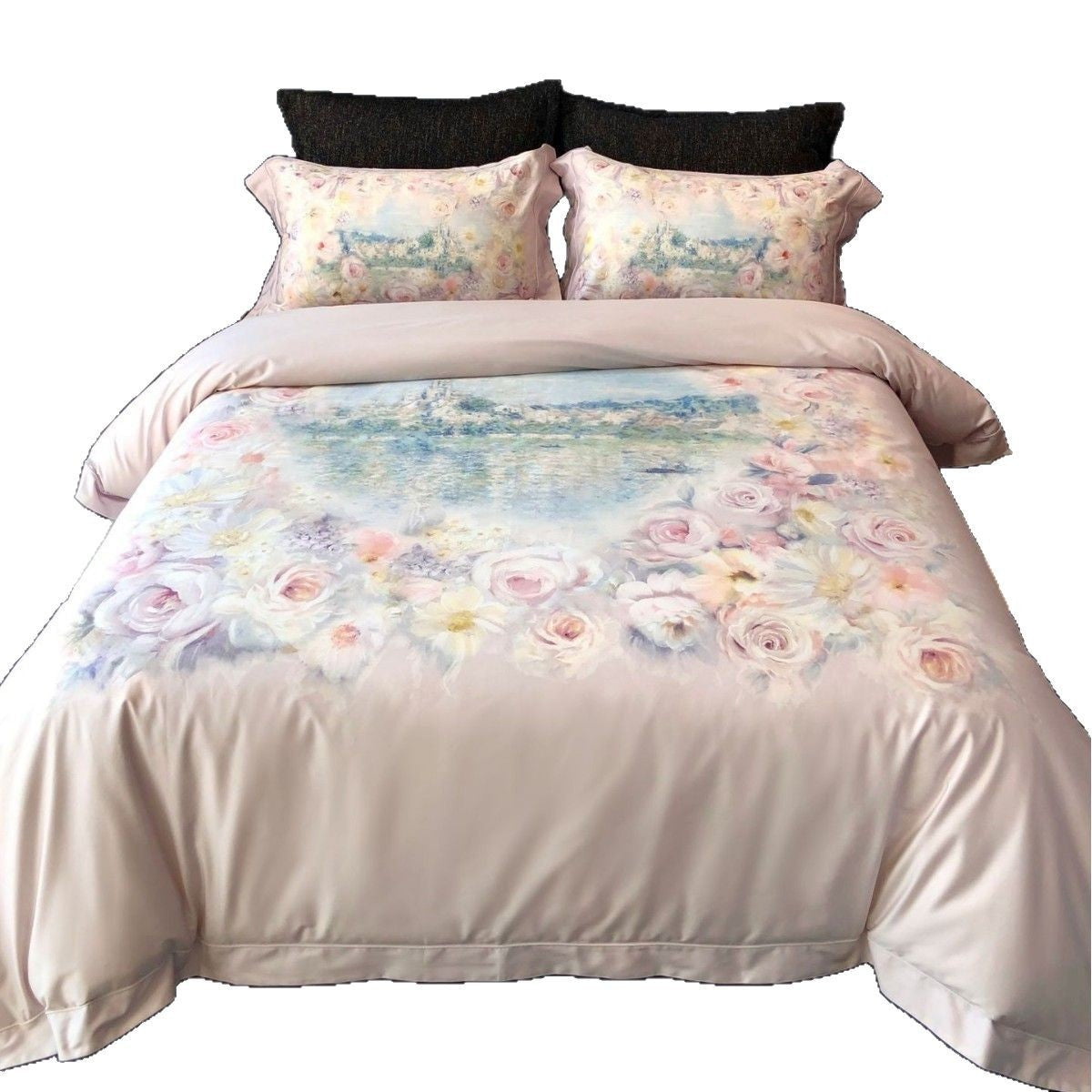 Floral Watercolor Satin-Feel Bettbezug Set mit wendbarem einfarbigen Rücken und Kissenbezügen