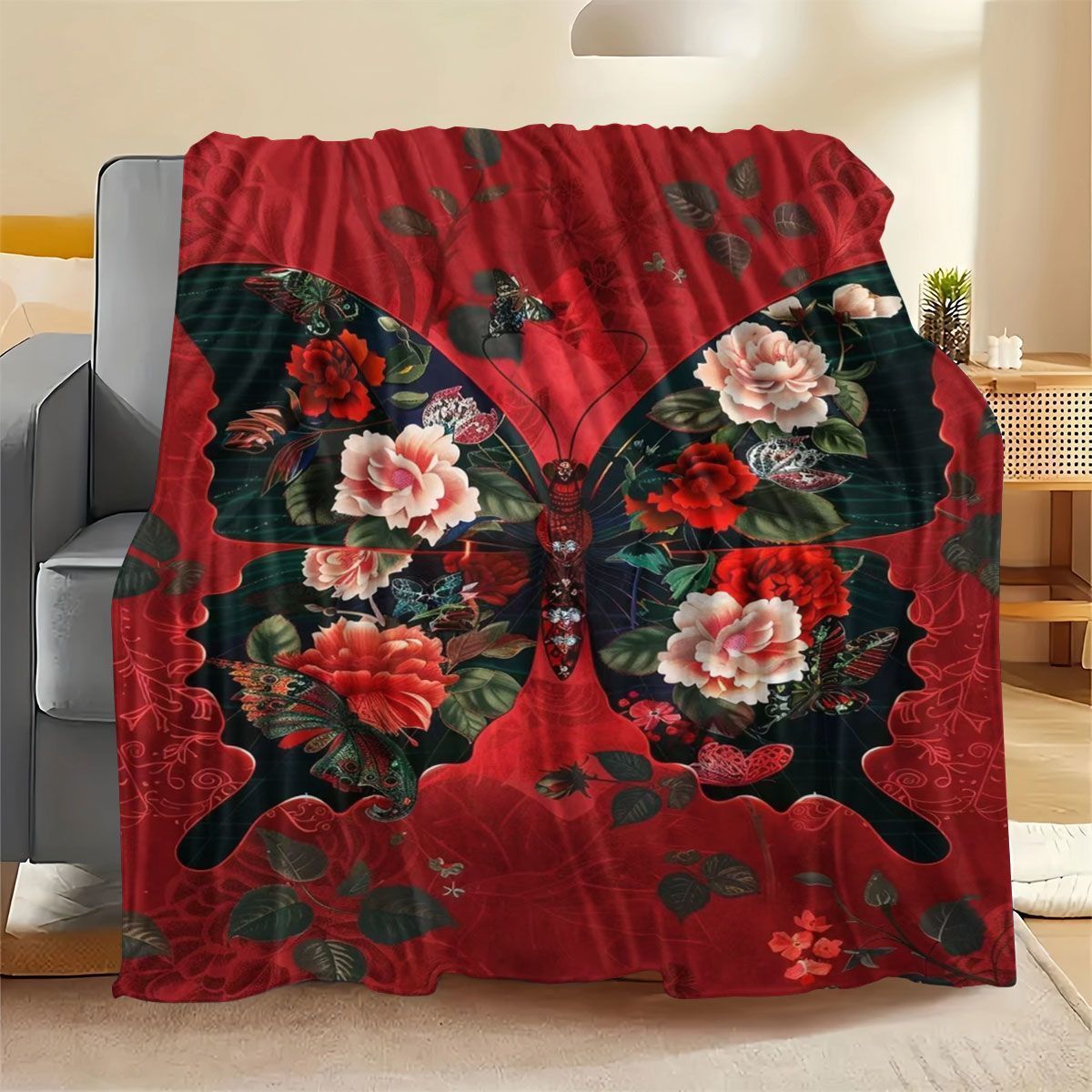 Fluffy Butterfly Print Fleece-Decke