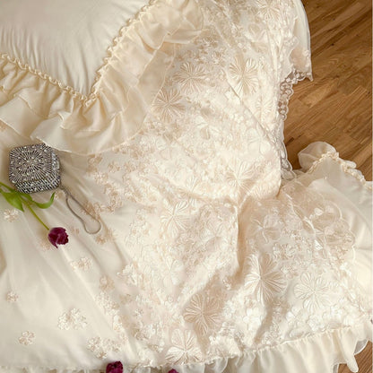 Besticktes Rüschendes Floral Bettbezug Set mit Geschichteter Transparenter Rüsche