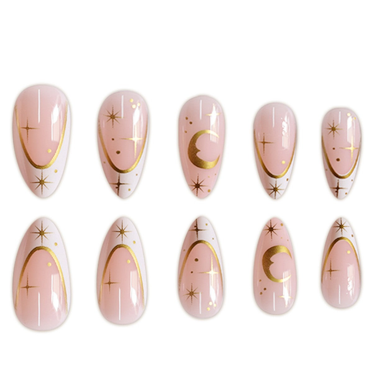 Künstlerische Stiletto Press-On-Nagelerweiterungen mit goldenen Akzenten Brehn