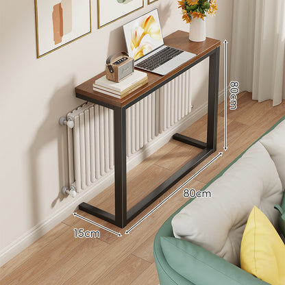 Schlanke schmale Konsole mit weißem Metallrahmen und Holzmaserung-Oberfläche