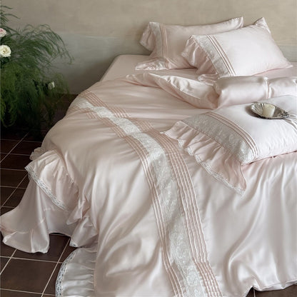 Luxuriöses Satin Rüschenteil mit Spitzenbesatz Bettbezug Set