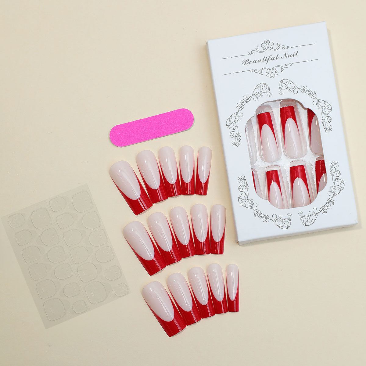 Elegantes Press-On-Nagel-Set mit kunstvollem roten und weißen Design Brehn