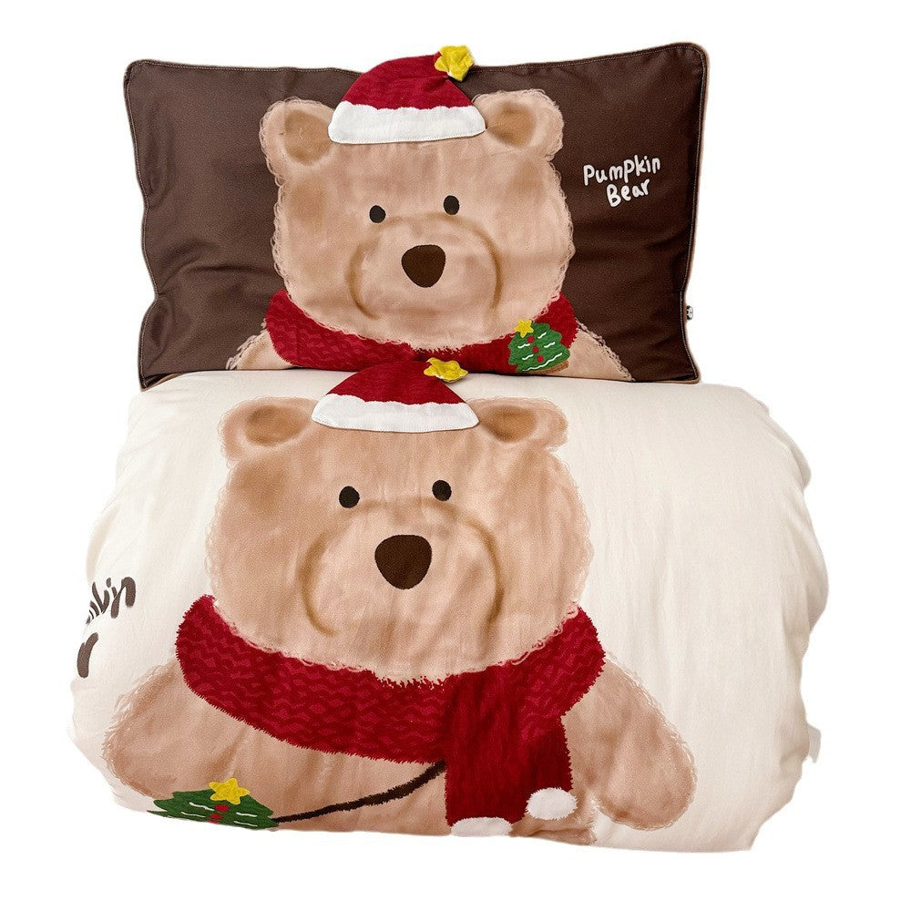 Kinder-Bettwäsche-Set mit kuscheliger Plüschapplikation und Teddybär-Kürbismotiv
