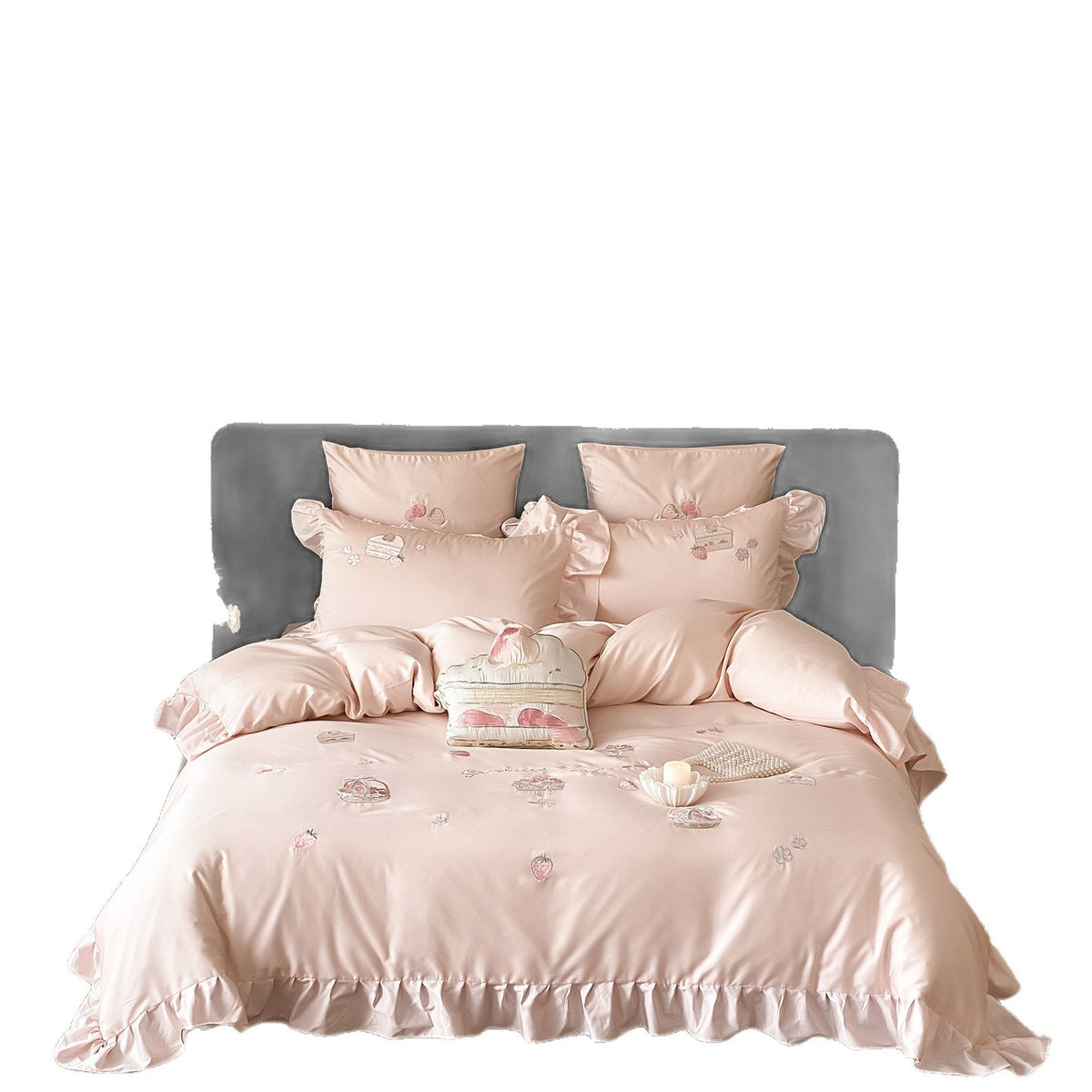 Luxuriöses Satin-Bettwäsche-Set mit Rüschen und handähnlicher Dessert-Stickerei