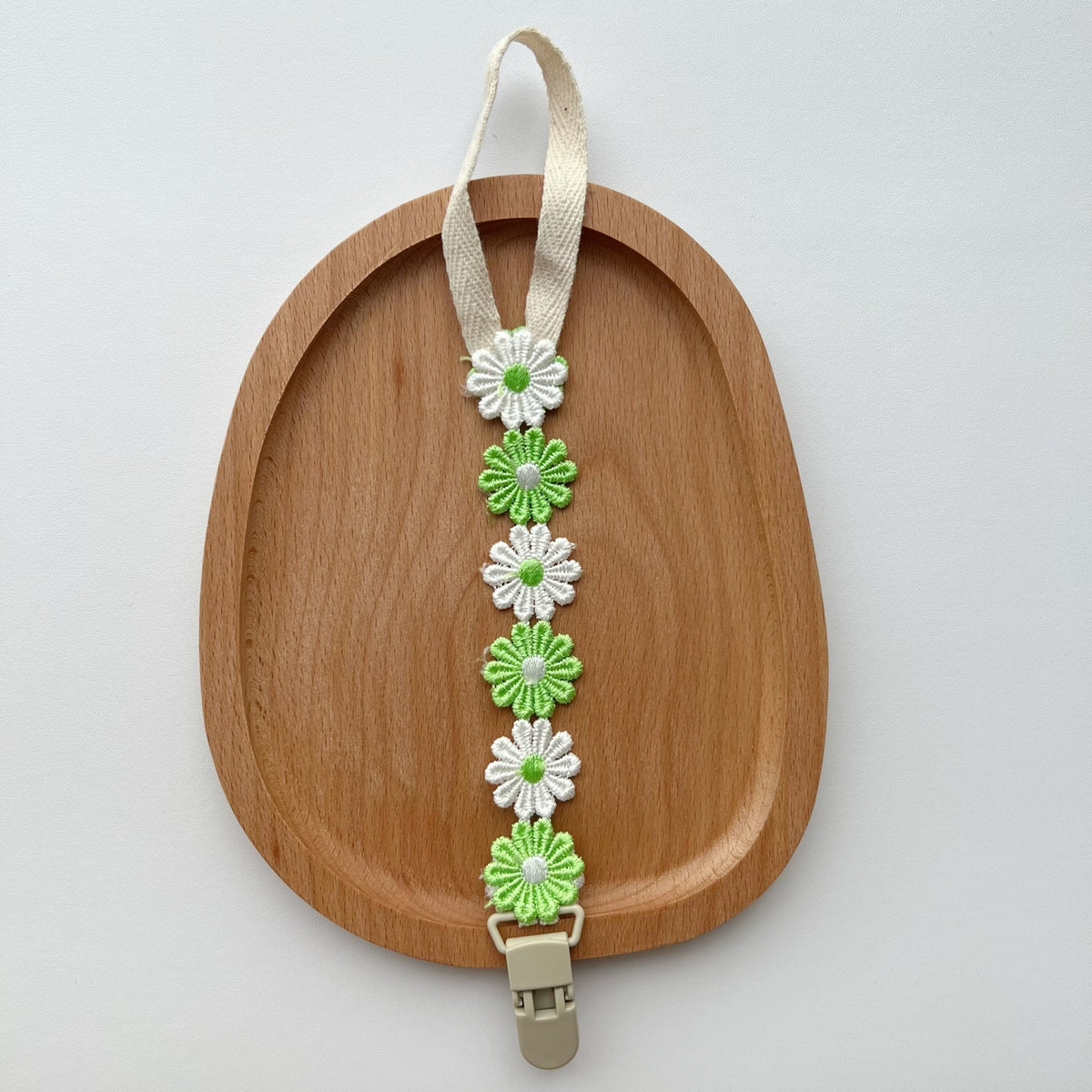 Bestickte Gänseblümchen Baumwoll-Schnullerkette mit Sicherheitsclip