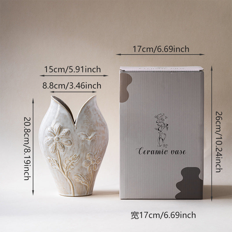 Handgefertigte strukturierte Steingut-Blumenrelief-Bud-Vase