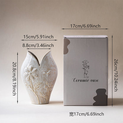Handgefertigte strukturierte Steingut-Blumenrelief-Bud-Vase