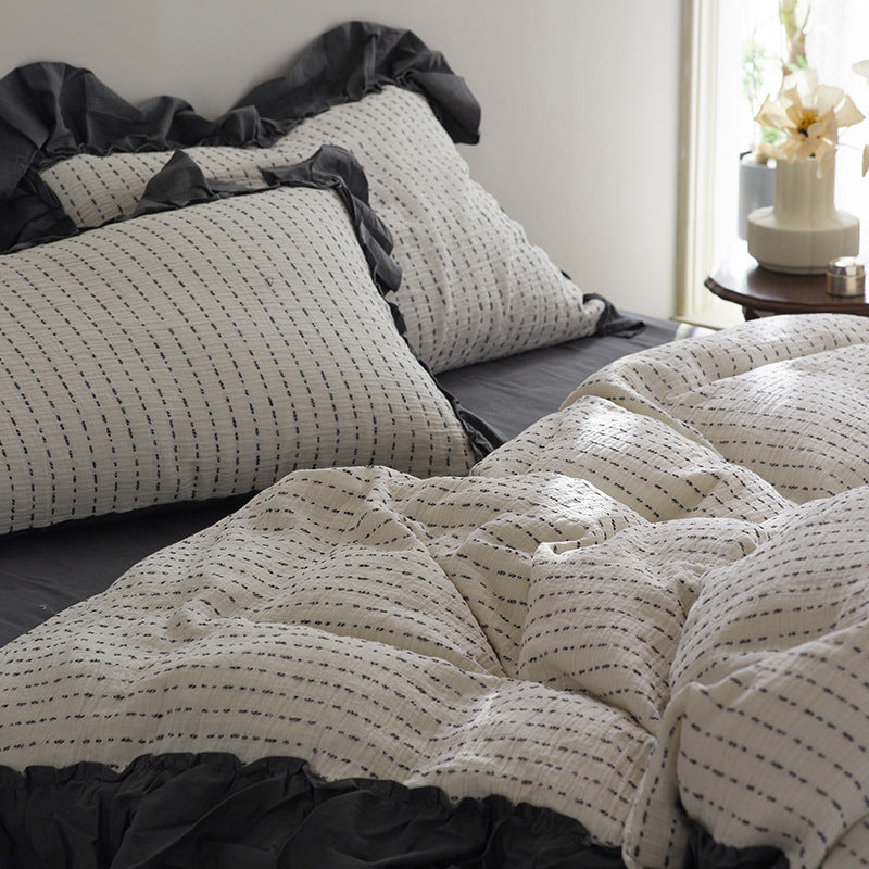 Gestepptes gewaschenes Baumwoll-Rüschendeckenbezug-Set mit Kissenbezügen und Bett-Skirt
