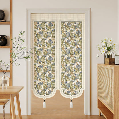Split-Panel Decorative Door Noren Curtain with Tropical Botanical Print and Tassel Trim
