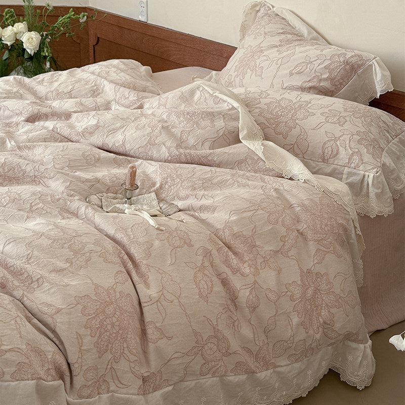 Luxuriöses Botanisches Jacquard-Bettwäsche-Set mit Wellenförmigem Spitzenbesatz Steppbettbezug & Kissenbezügen