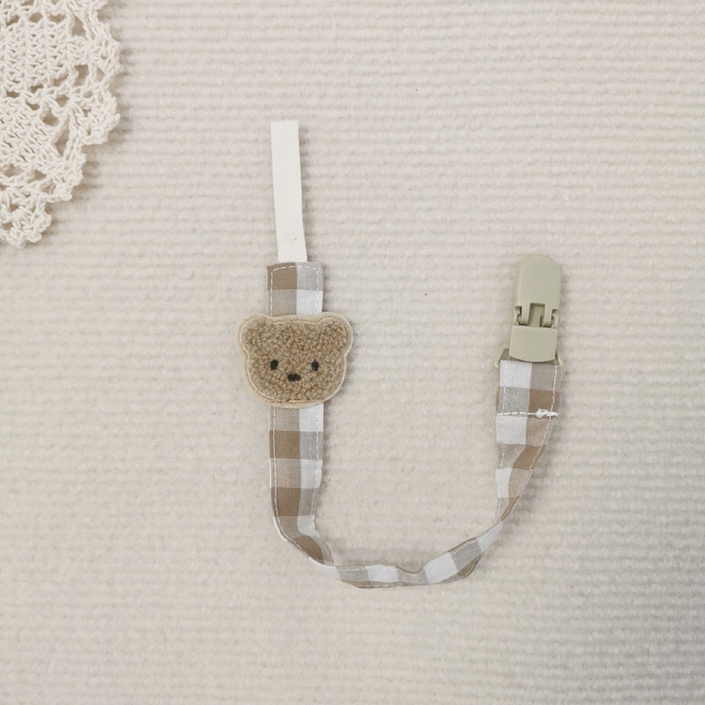 Baumwoll-Gingham-Schnullerclip mit plüschigem Bärenapplikation und Schnellverschluss-Sicherheitsclip