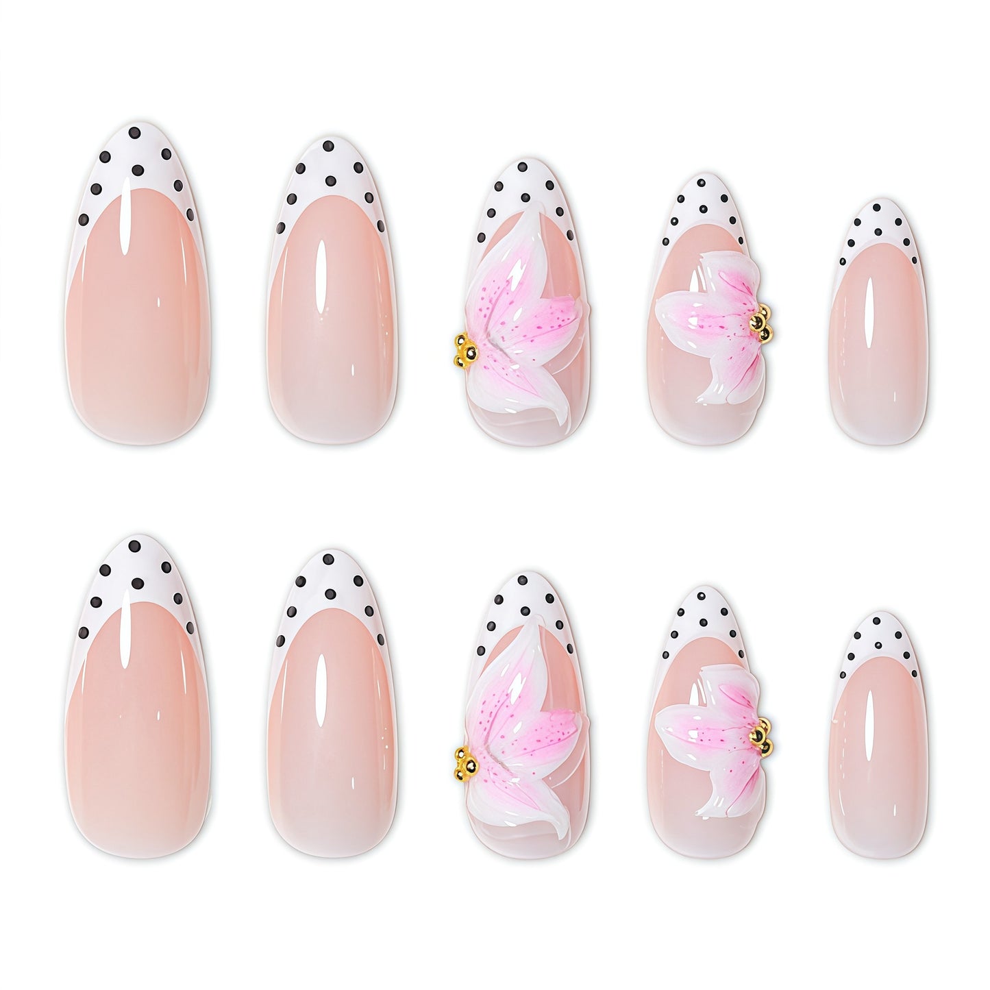 Künstlerische florale und Pünktchen Press-On Nagelverlängerungen Brehn