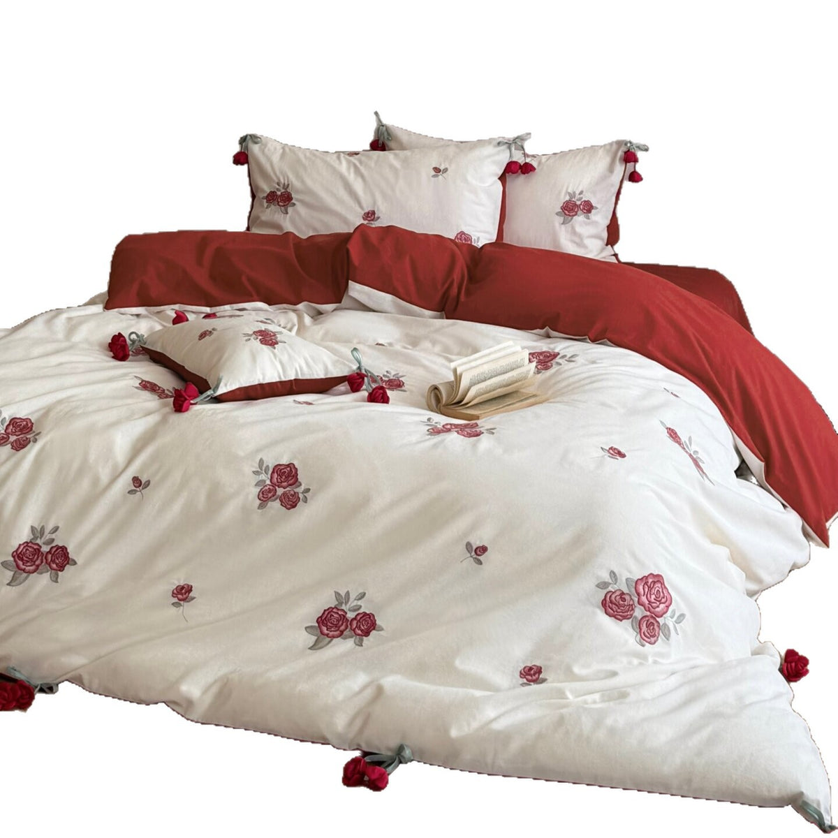 Bestickte Rosen Baumwollsatin Wendebettwäsche Set