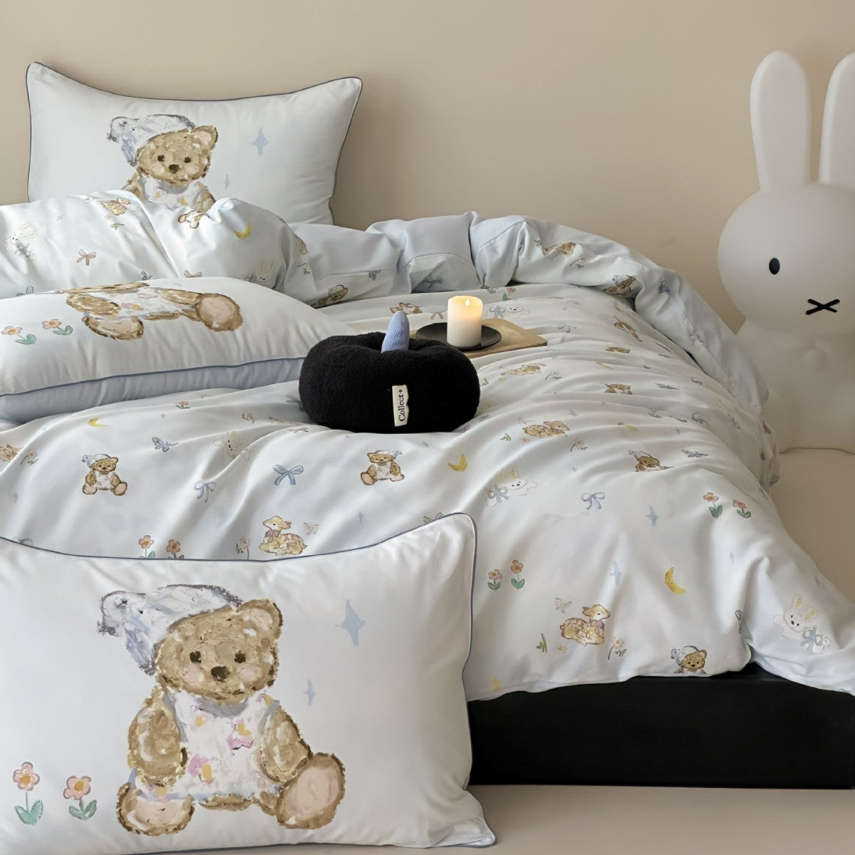 Baumwollsatin Hasenprint Bettbezug Set mit dekorativen Kissenbezügen
