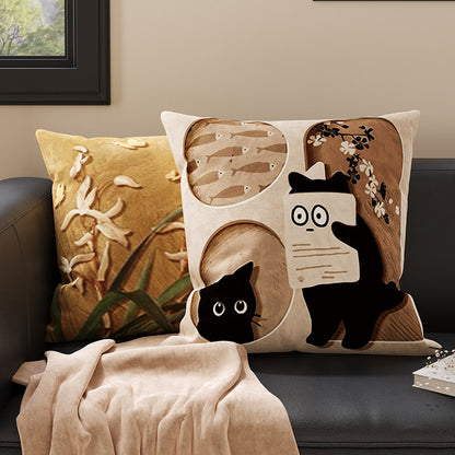Plush Velvet Decorative Square Throw Pillow Cover with Cartoon Dog Family Illustration and Hidden Zipper