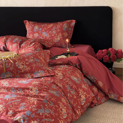 Premium-Baumwollsatin-Bettwäscheset mit floralem Jacquardmuster und Wendekissenbezügen