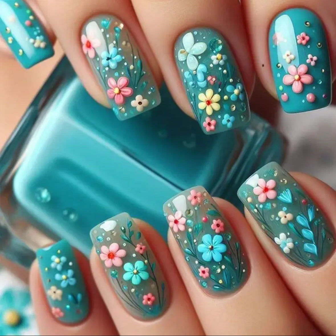 Kunstnagelset mit lebhaften Blumenmotiven Brehn
