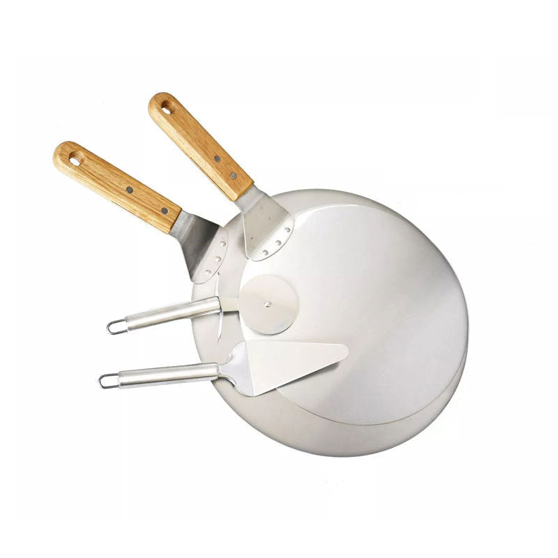 Professionelles Pizzabackset mit Edelstahl-Pellen, Schneider und Servierpalett Brehn