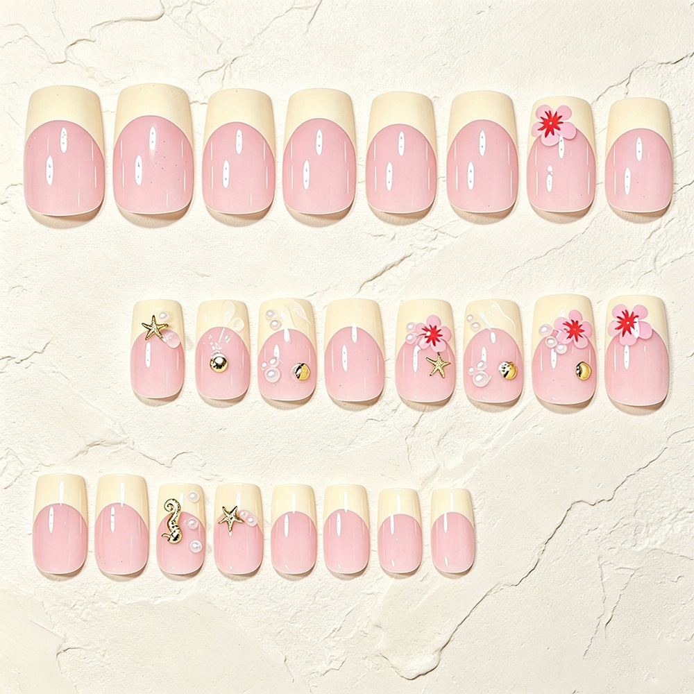Tropische Muschel- und Blumen-Press-On-Nagelkunst Brehn