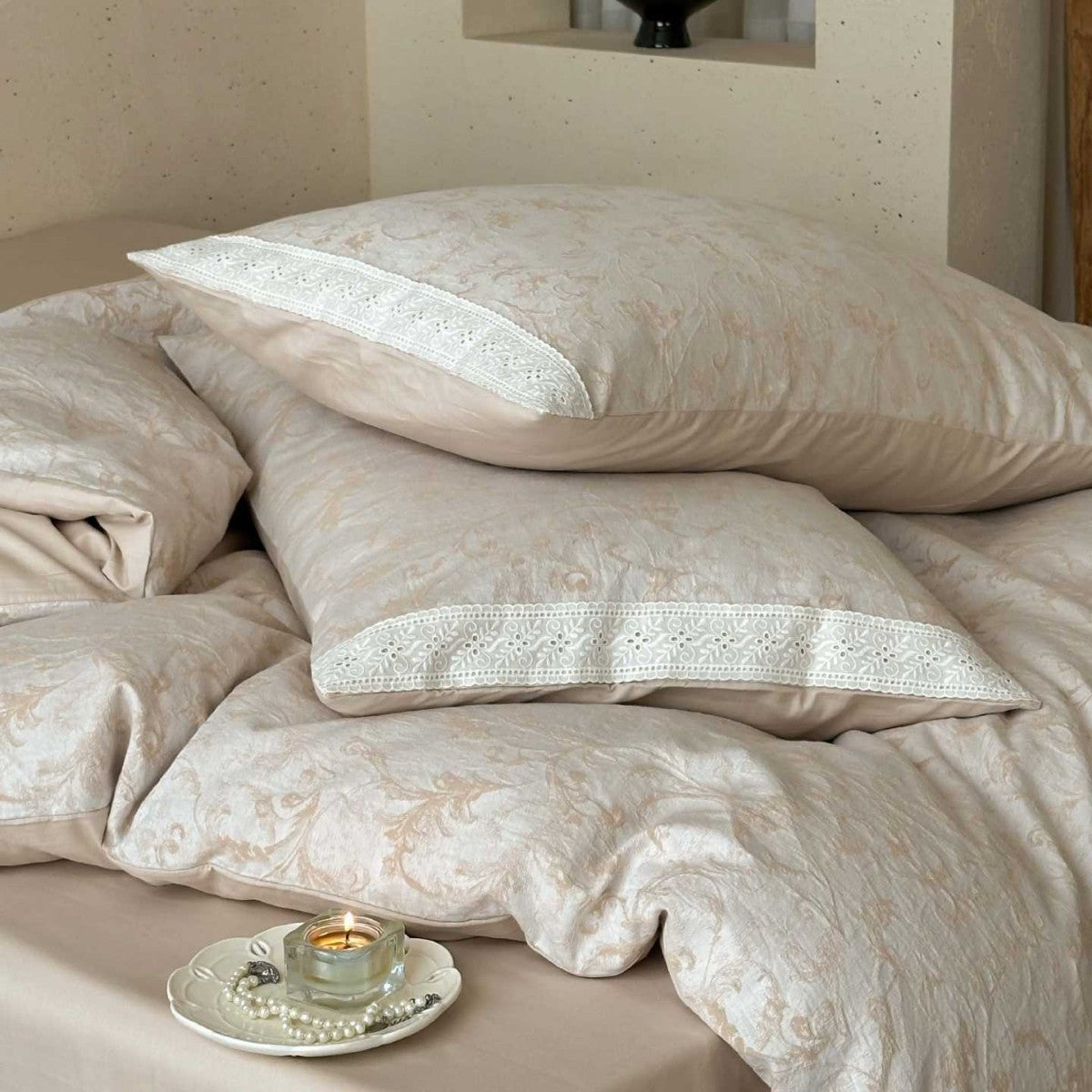 Jacquard Damast Bettbezugset mit verdecktem Verschluss und Eckenbindungen
