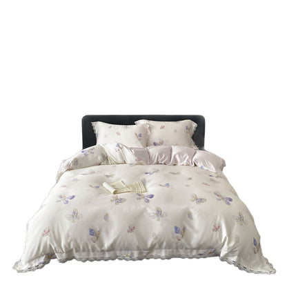 Luxus-Satin-Bettwäsche-Set mit floraler Seidenoptik und Spitzenbesatz