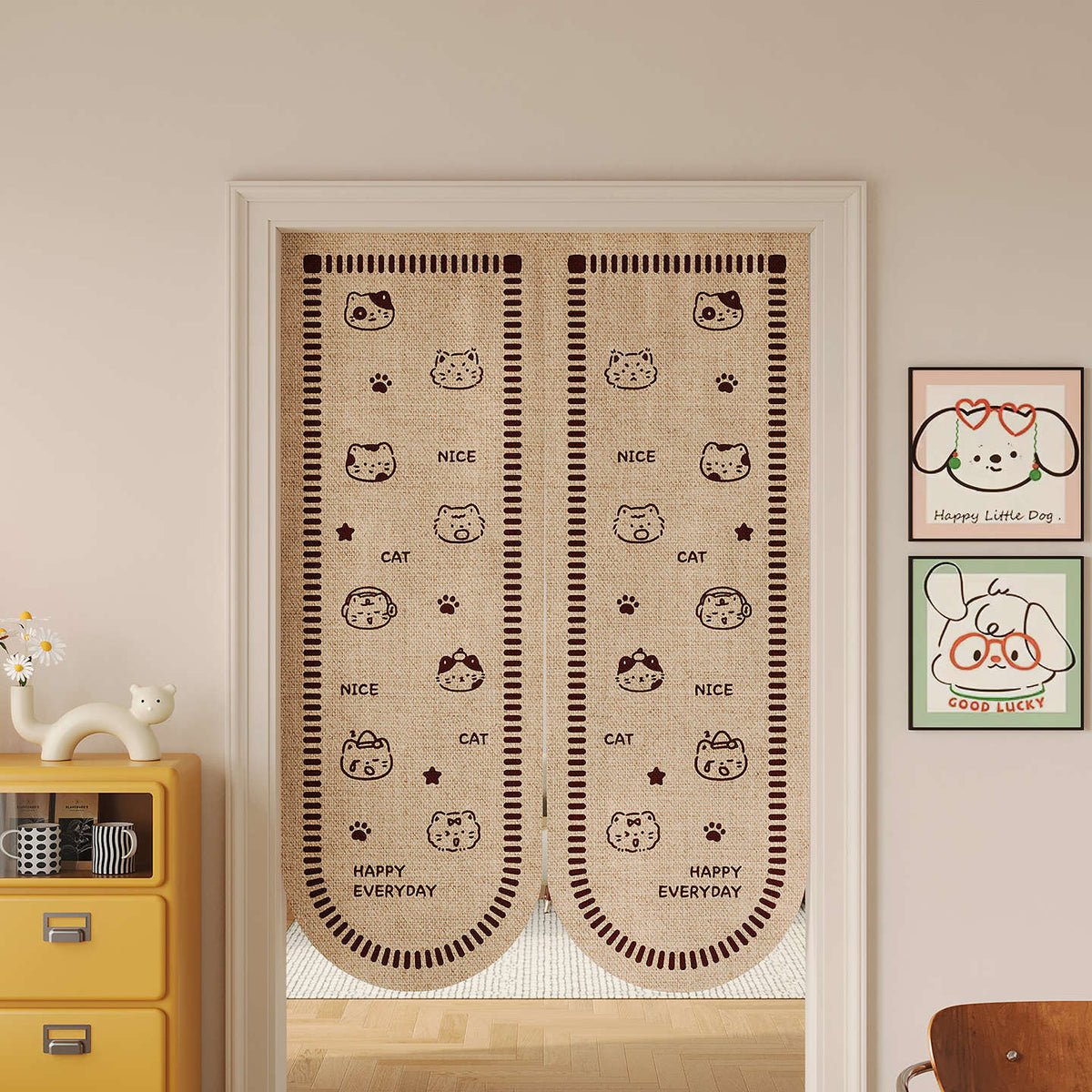 Split Noren Door Curtain Linen-Blend Dachshund Pattern Privacy Panel