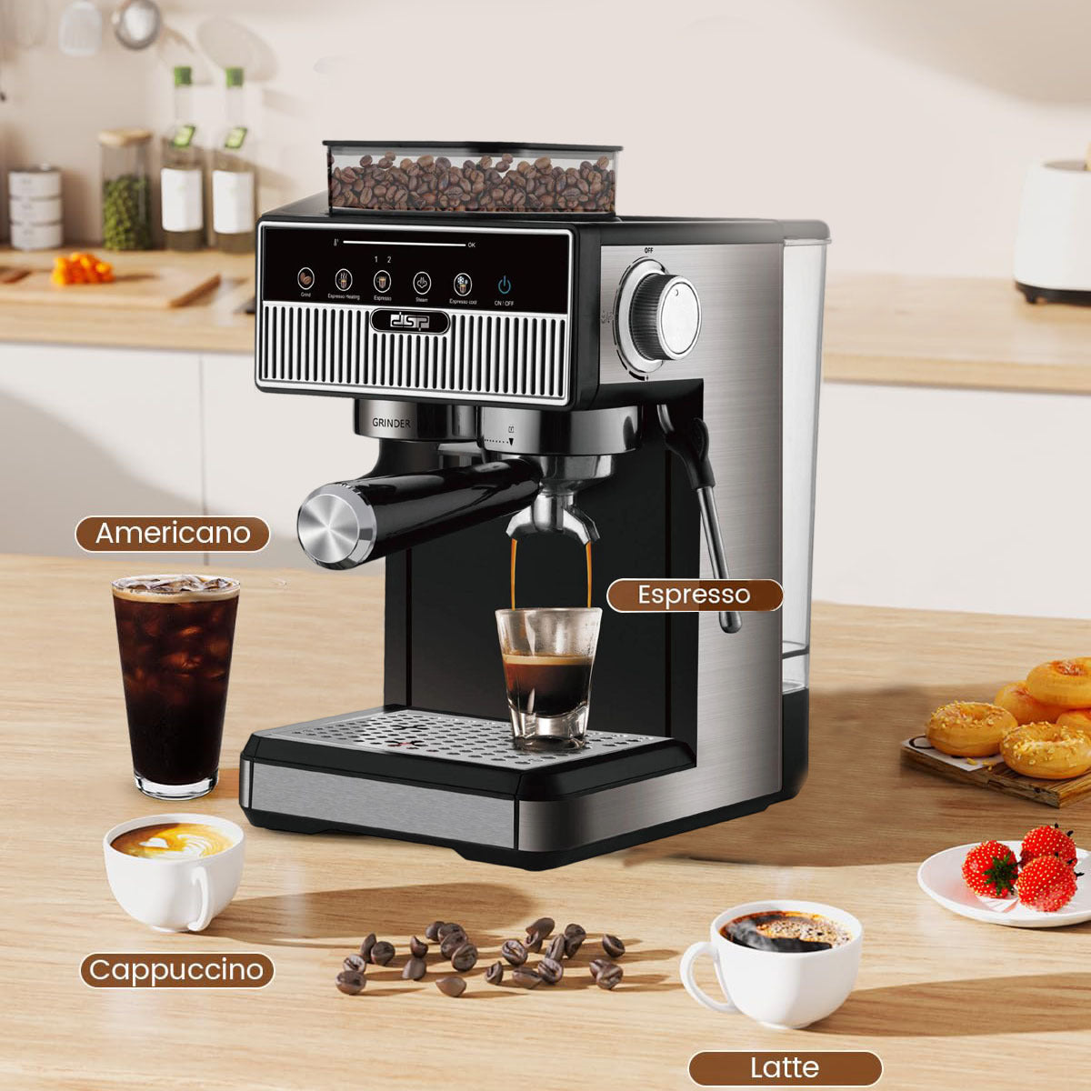 Espressomaschine mit Integriertem Mahlwerk und Präzisen Temperatureinstellungen Brehn