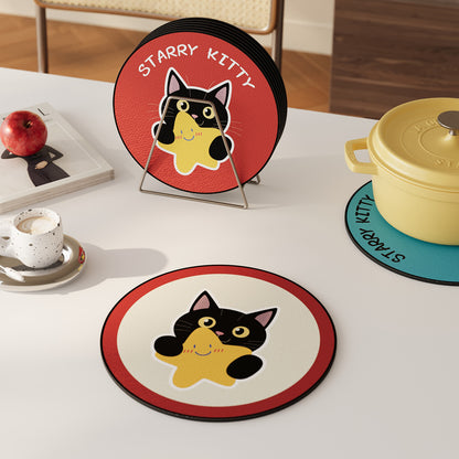 Round Non-Slip PU Leather Drink Coaster with Cute Cat Holding Star Illustration