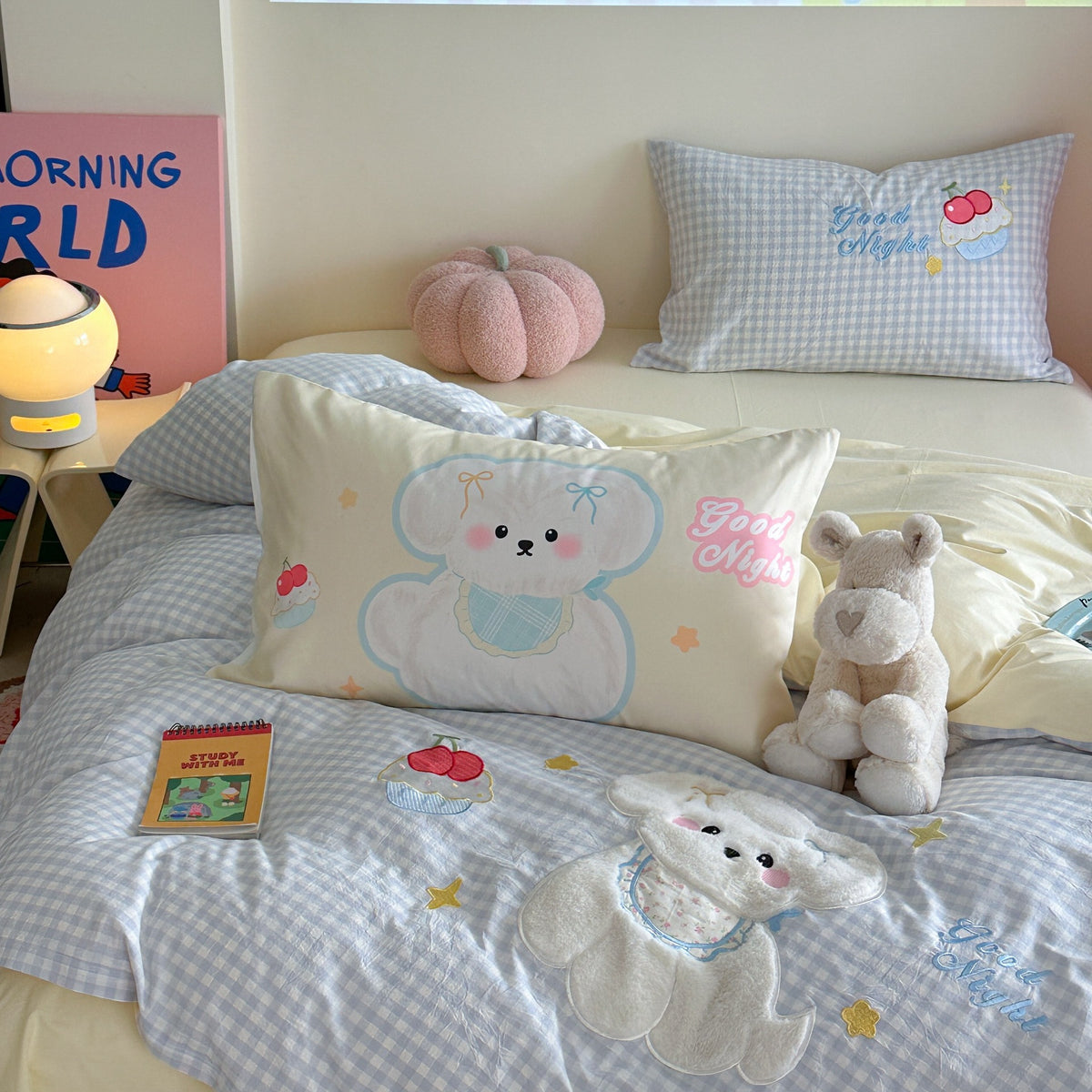 Kinderbettwäsche-Set mit gesteppter Plüsch-Hund-Applikation und Vichy-Karo