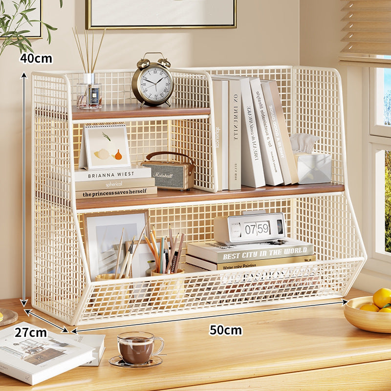 Doppel-Tier-Mesh-Metall-Schreibtisch-Organizer mit Holzregalen