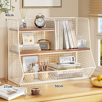 Doppel-Tier-Mesh-Metall-Schreibtisch-Organizer mit Holzregalen