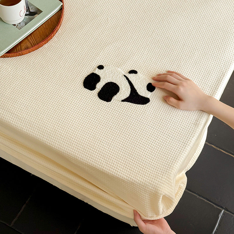 Elastisches Spannbettlaken-Set aus Waffelpiqué mit aufgesticktem Panda-Applikation