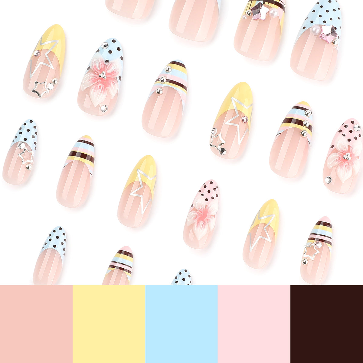 Kreative Nageldesigns mit floralem Akzent und Glitzer Brehn