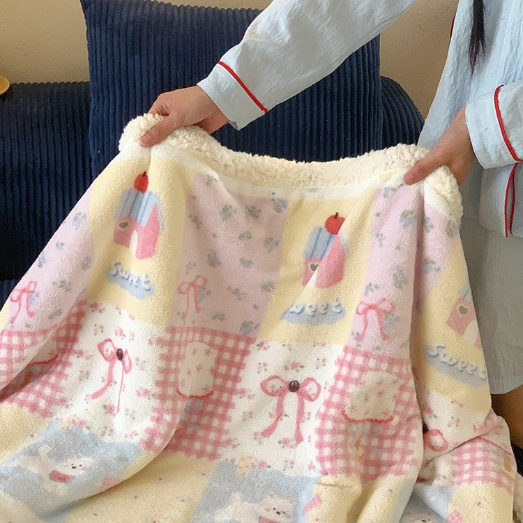 Wendbare Kuscheldecke mit Sherpa-Fleece, niedlichen Hunde-Illustrationen und kariertem Muster