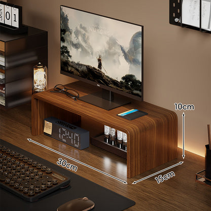 Niedrigprofilierte gebogene Desktop-Monitor-Plattform mit integriertem Unterregal-Organizer und ambienter Hintergrundbeleuchtung