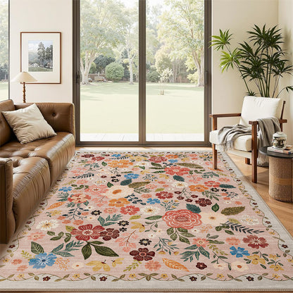 Large Floral Printed Low-Pile Machine-Woven Area Rug with Stain-Resistant Finish