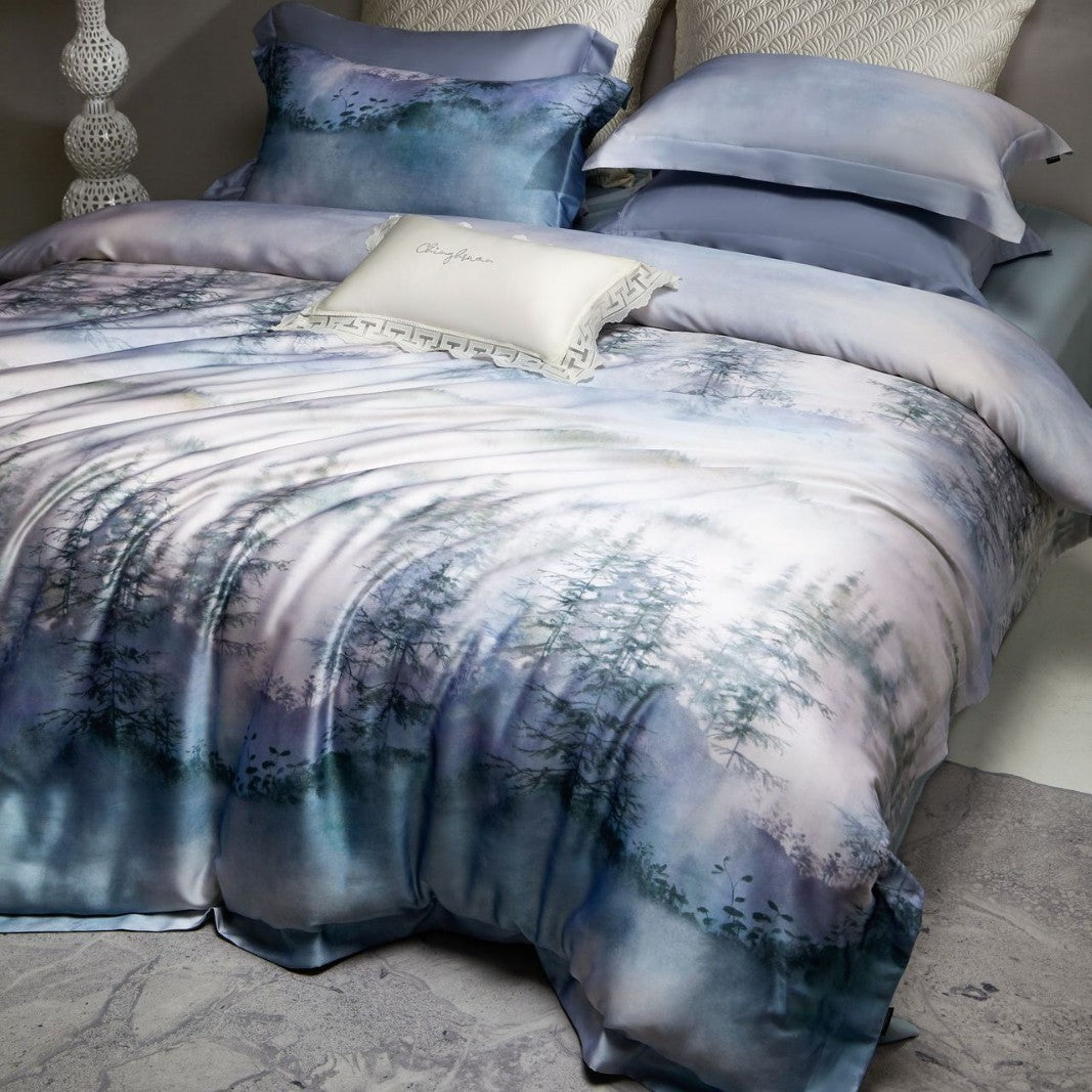 Luxuriöses seidiges Satinwald Aquarell Bettbezug-Set mit verstecktem Reißverschluss und Eckbindern