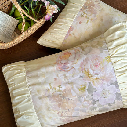Pastell Aquarell Floral Satin-Trim Rüsch Bettbezug Set