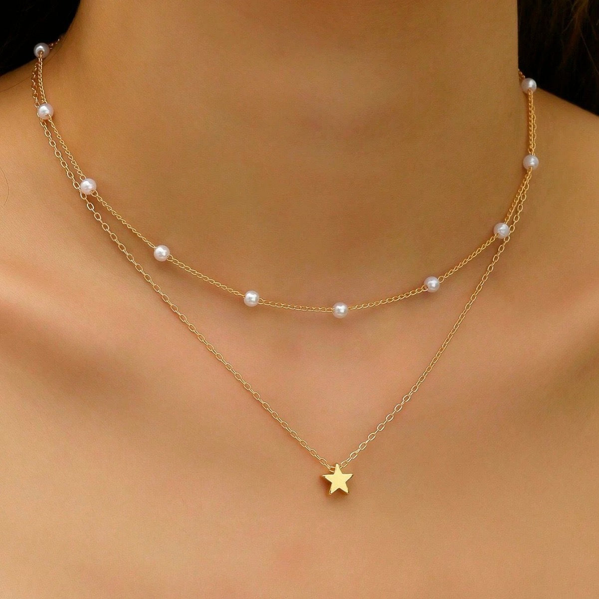 Schichtige Perle und Stern Charm Halskette Brehn
