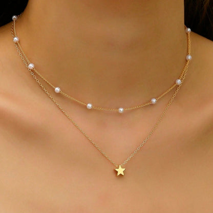 Schichtige Perle und Stern Charm Halskette Brehn