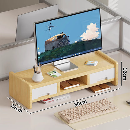 Massivholz-Monitorständer und Schreibtischorganizer mit zweistufigem Regal und Kabelmanagement