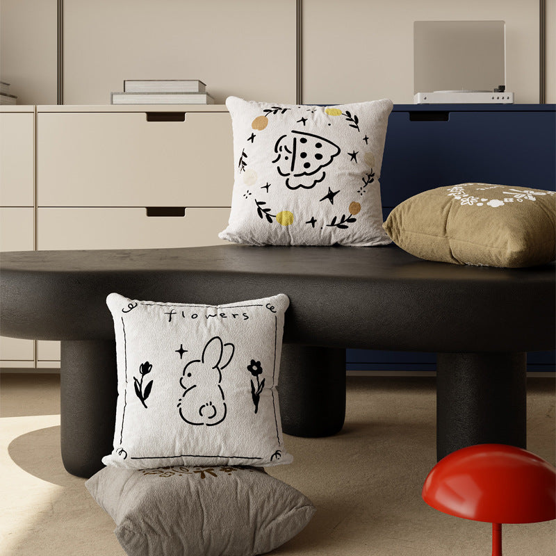 Square Plush Textured Decorative Pillow Cover with Hand-Drawn Pizza Illustration and Botanical Accents