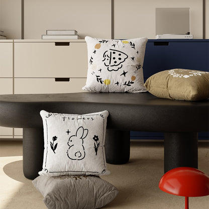 Square Plush Textured Decorative Pillow Cover with Hand-Drawn Pizza Illustration and Botanical Accents