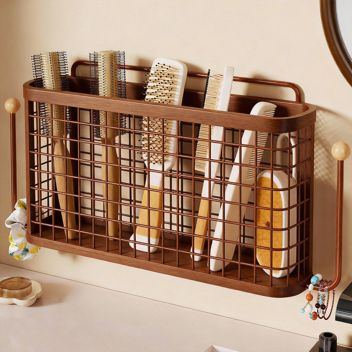 Wandmontierter Mesh-Badezimmer-Aufbewahrungskorb mit Doppelhaken und integriertem Griff