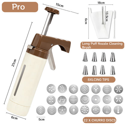 Handheld Cookie Press and Churro Maker with Assorted Piping Discs and Stainless Nozzles