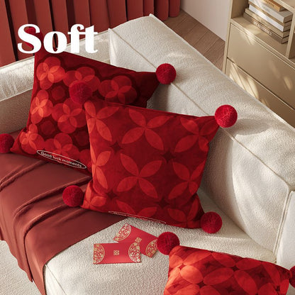 Decorative Velvet Square Throw Pillow with Corner Pom-Poms and Geometric Floral Emboss