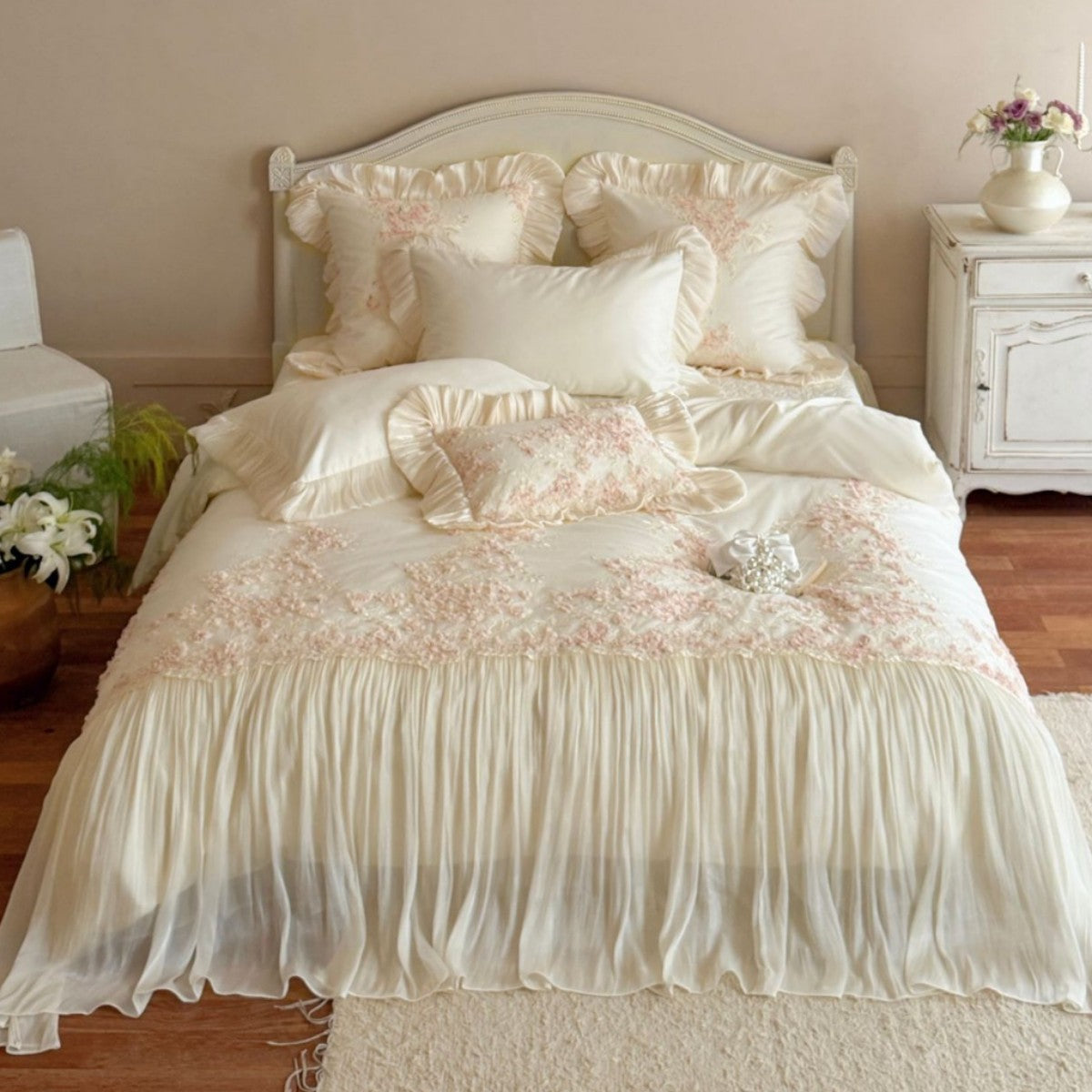 Romantische Bestickte Satin-Chiffon Rüsch Bettwäsche Set